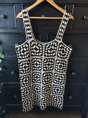 VICI Solana size XL Patchwork Crochet Mini Cover Up Dress in Ivory/Black
